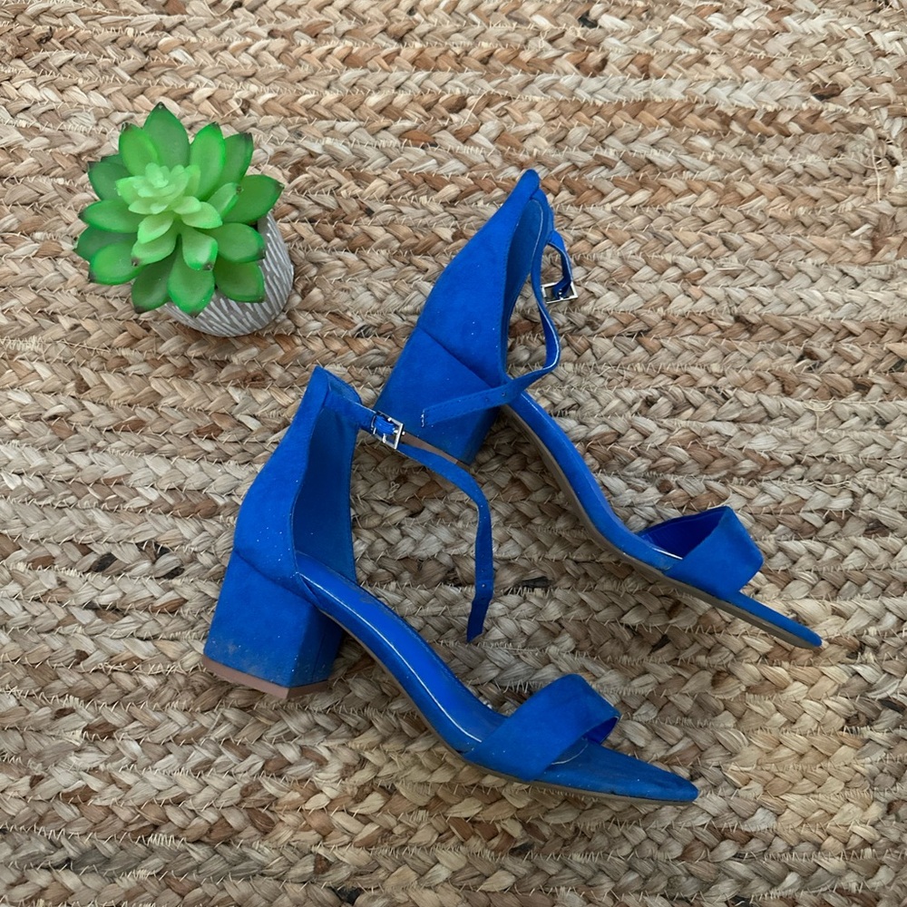 Blue Suede Block Heel Sandals with Ankle Strap